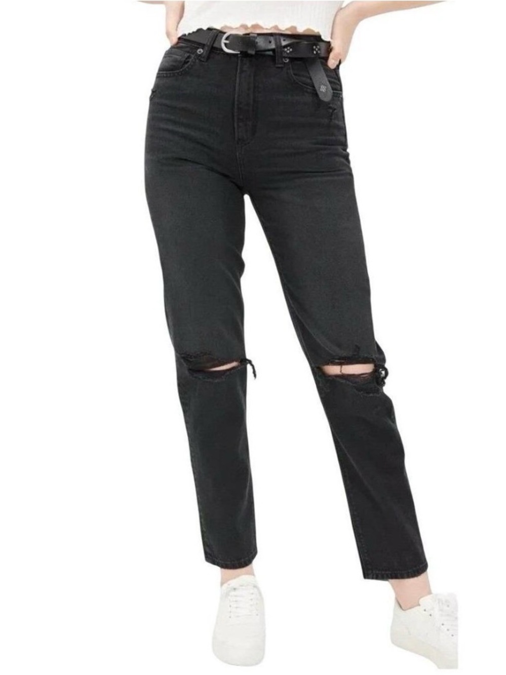 American Eagle Mom Jean Strigid Black High-Rise Ripped Jeans Size 4 Short